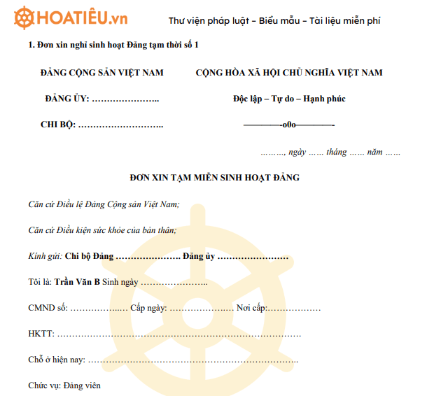 Đơn xin nghỉ sinh hoạt Đảng tạm thời