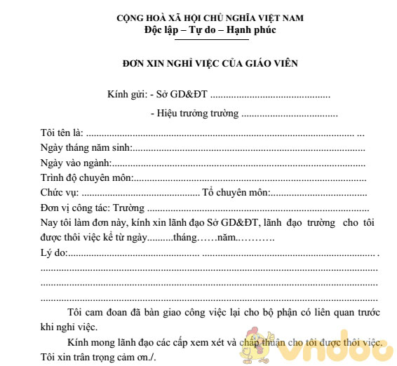 Mẫu đơn xin nghỉ việc của giáo viên