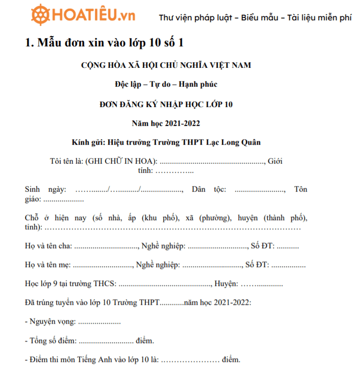 Đơn xin nhập học lớp 10
