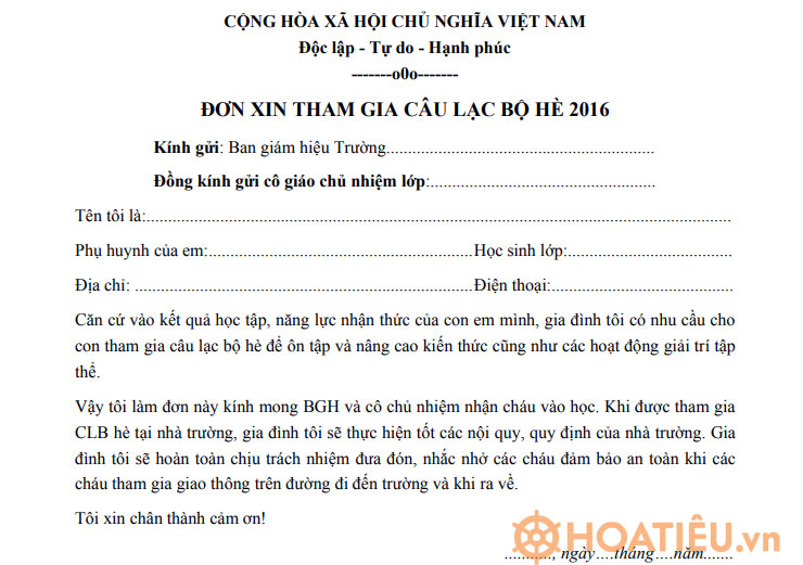 Mẫu đơn xin tham gia câu lạc bộ hè mới nhất