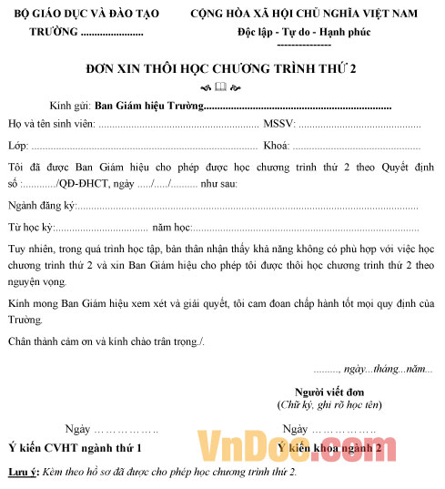 Mẫu đơn xin thôi học chương trình thứ 2