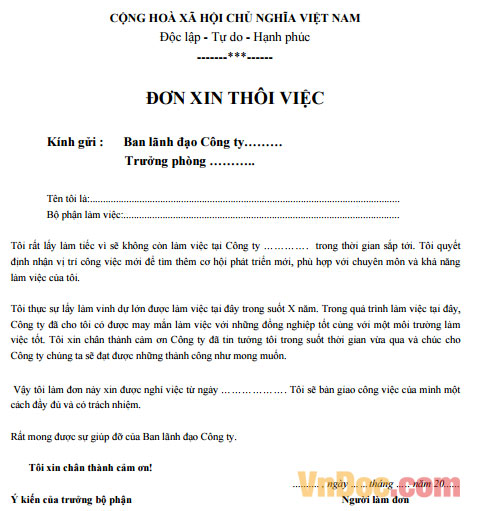 Mẫu đơn xin nghỉ việc, thôi việc