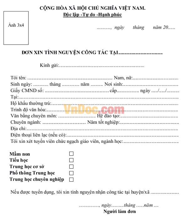 Đơn xin tình nguyện công tác