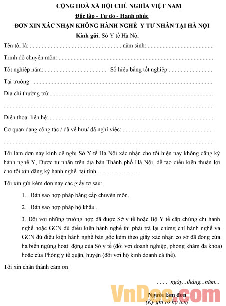 Đơn xin xác nhận không hành nghề y tư nhân tại Hà Nội