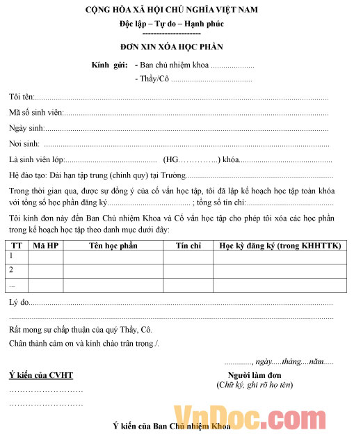 Mẫu đơn xin xóa học phần