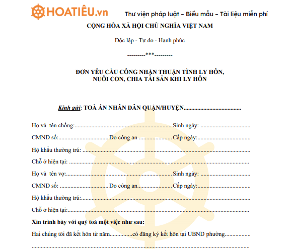 Đơn yêu cầu thuận tình ly hôn