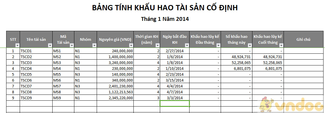 File Excel tính khấu hao tài sản cố định