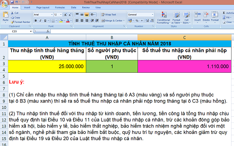 File Excel tính nhanh thuế thu nhập cá nhân năm 2018
