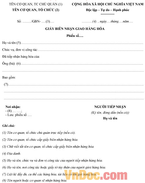 Mẫu giấy biên nhận giao hàng hóa