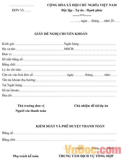 Mẫu giấy đề nghị chuyển khoản
