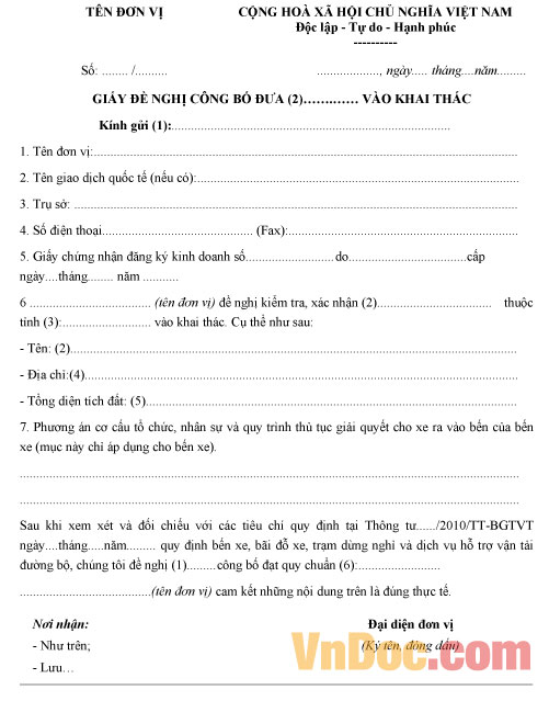 Mẫu giấy đề nghị đưa bến xe, trạm dừng nghỉ vào khai thác