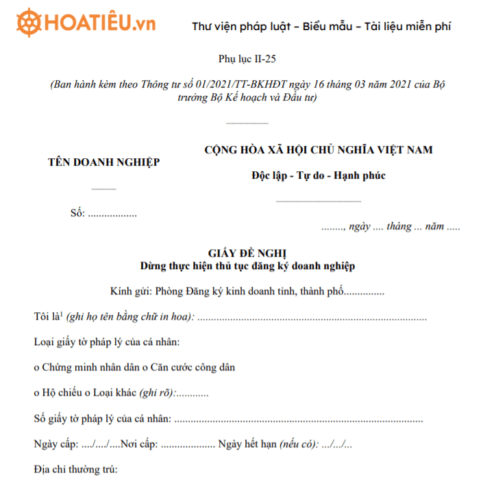 Giấy đề nghị dừng thực hiện thủ tục đăng ký doanh nghiệp - Phụ lục II-25