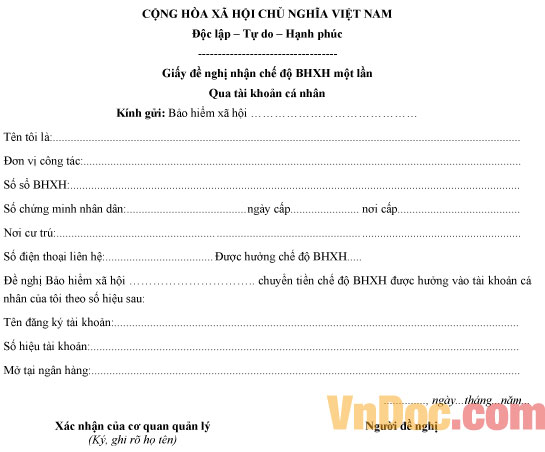 Mẫu giấy đề nghị nhận chế độ BHXH một lần qua tài khoản cá nhân