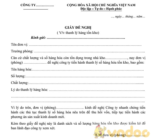 Giấy đề nghị thanh lý hàng tồn kho