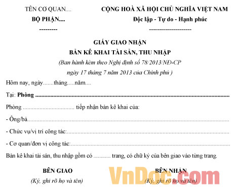 Mẫu giấy giao nhận bản kê khai tài sản, thu nhập