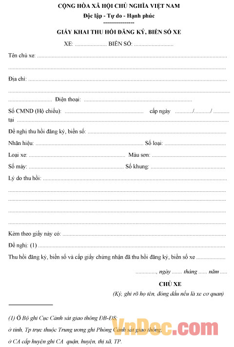 Mẫu giấy khai thu hồi đăng ký, biển số xe