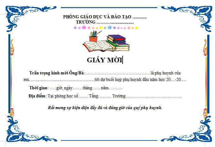 Mẫu giấy mời họp phụ huynh