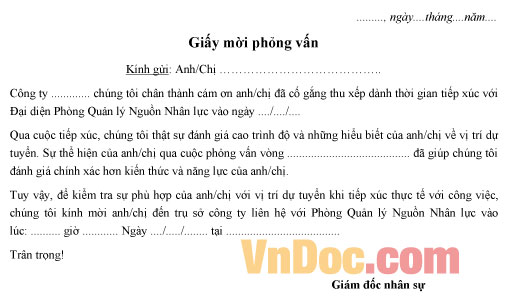 Mẫu giấy mời phỏng vấn