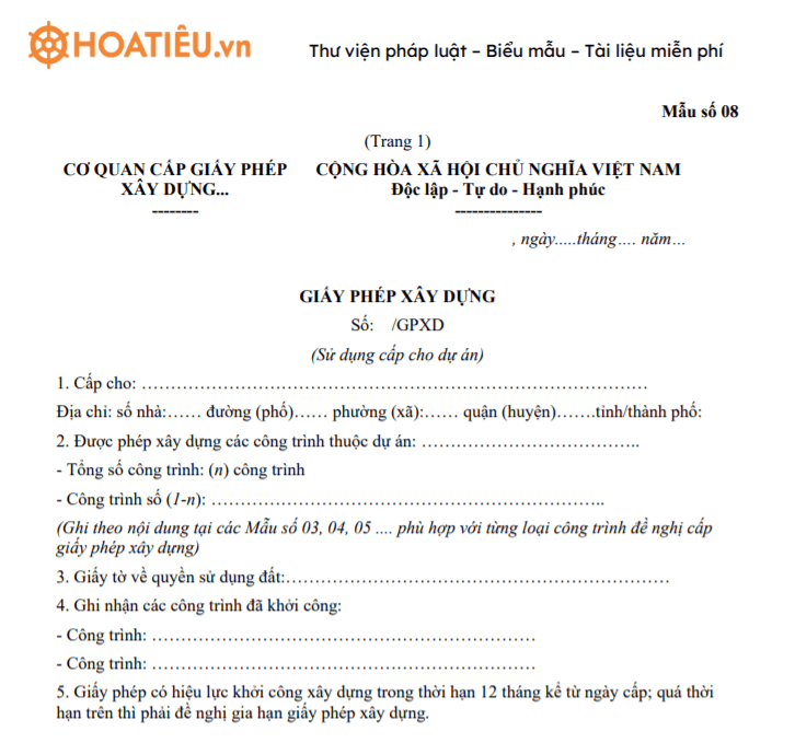 Giấy phép xây dựng (Sử dụng cấp cho dự án)