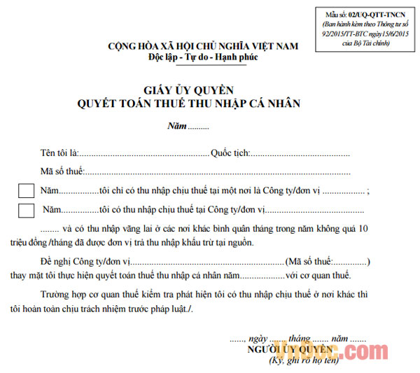 Mẫu giấy ủy quyền quyết toán thuế TNCN mới nhất
