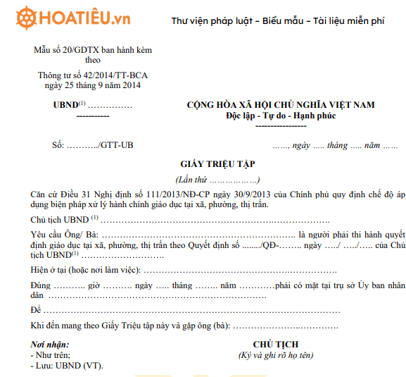 Mẫu giấy triệu tập của UBND xã