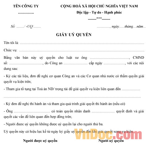 Mẫu giấy ủy quyền cho luật sư