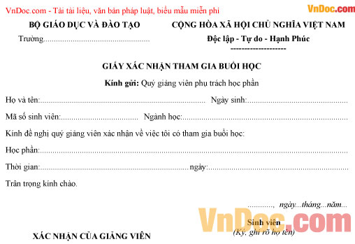 Mẫu giấy xác nhận sinh viên có tham gia buổi học