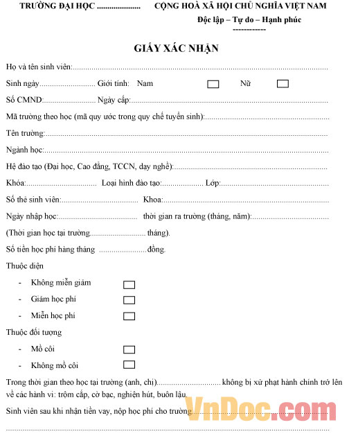 Mẫu giấy xác nhận