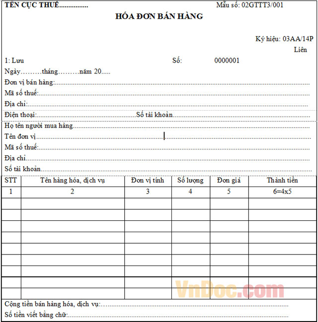 Hóa đơn bán hàng - Mẫu số: 02GTTT3/001