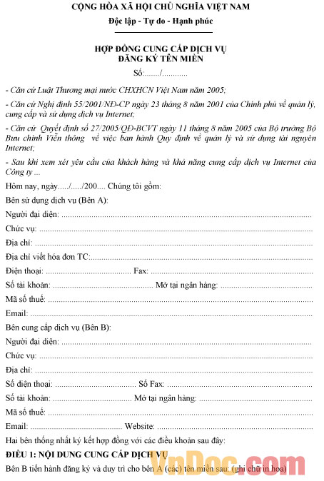 Mẫu hợp đồng cung cấp dịch vụ đăng ký tên miền