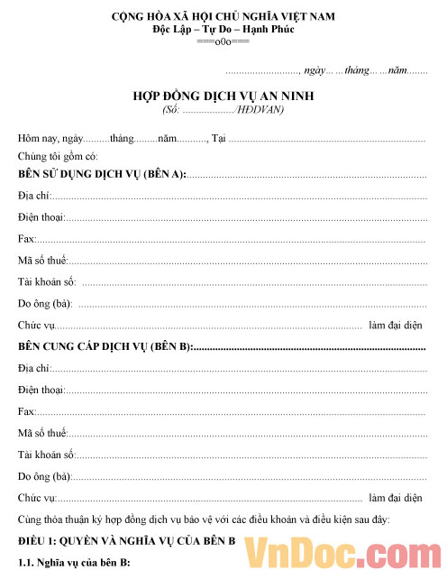 Mẫu hợp đồng dịch vụ an ninh Hợp đồng dịch vụ an ninh