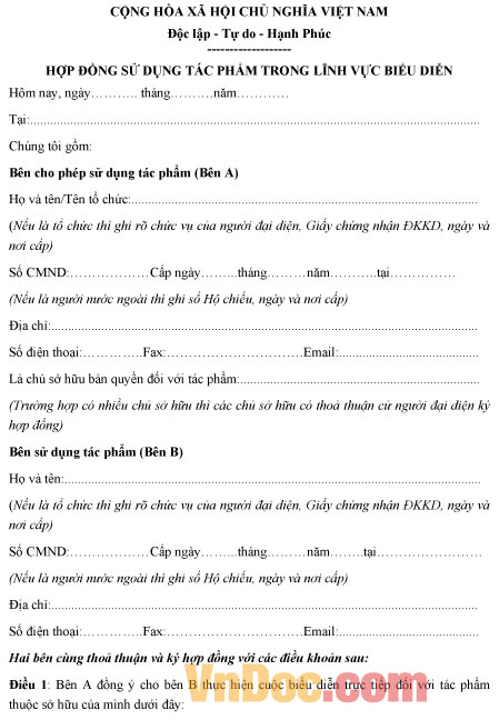 Mẫu hợp đồng sử dụng tác phẩm trong lĩnh vực biểu diễn