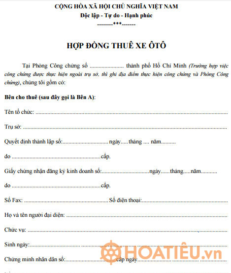 Mẫu hợp đồng thuê xe ôtô