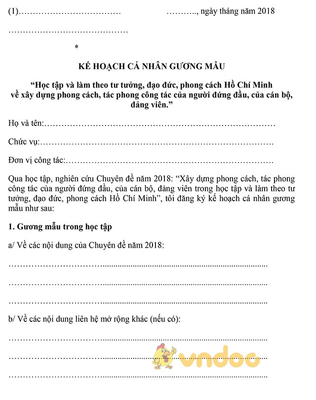 Kế hoạch cá nhân gương mẫu của cán bộ quản lý lãnh đạo về học tập và làm theo tư tưởng, đạo đức, phong cách Hồ Chí Minh