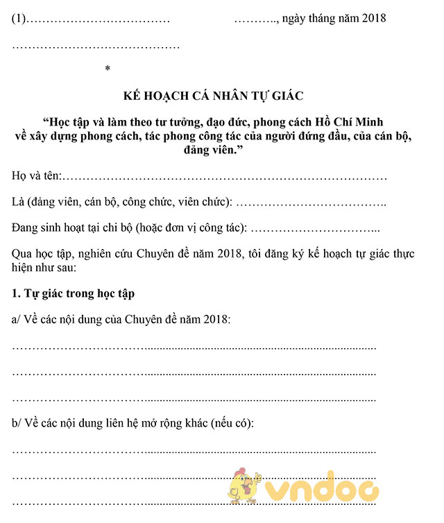 Kế hoạch cá nhân tự giác năm 2018 học tập và làm theo tư tưởng, đạo đức, phong cách Hồ Chí Minh