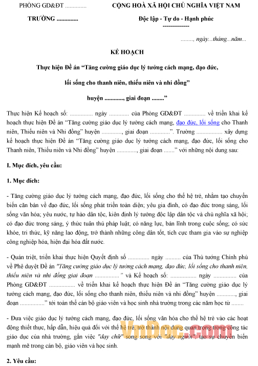 Kế hoạch thực hiện đề án tăng cường giáo dục lý tưởng cách mạng, đạo đức, lối sống cho thanh thiếu niên
