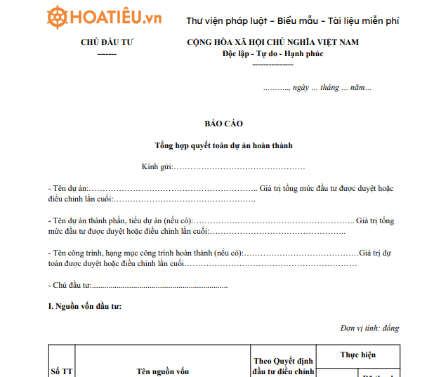 Mẫu 01/QTDA: Báo cáo tổng hợp quyết toán dự án hoàn thành