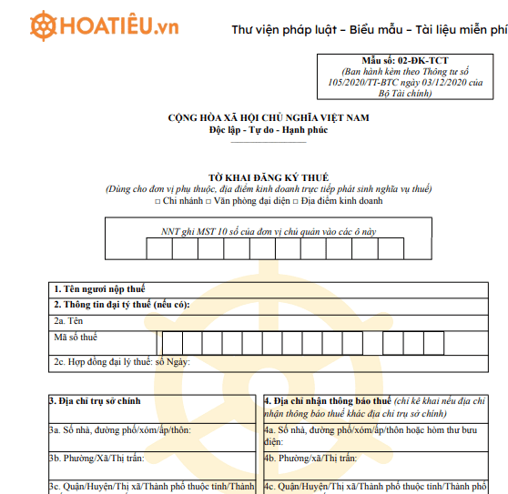 Mẫu 02-ĐK-TCT: Tờ khai đăng ký thuế