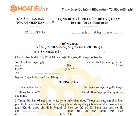 Mẫu số 07-ĐT: Thông báo về việc chuyển vụ việc sang đối thoại