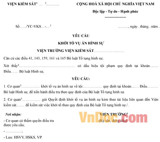 Mẫu yêu cầu khởi tố vụ án hình sự
