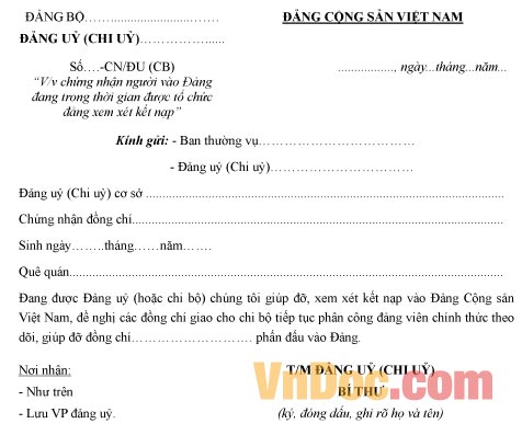 Mẫu giấy chứng nhận người vào Đảng trong thời gian tổ chức đảng xem xét kết nạp