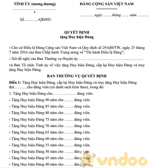 Quyết định cấp lại huy hiệu Đảng bị mất