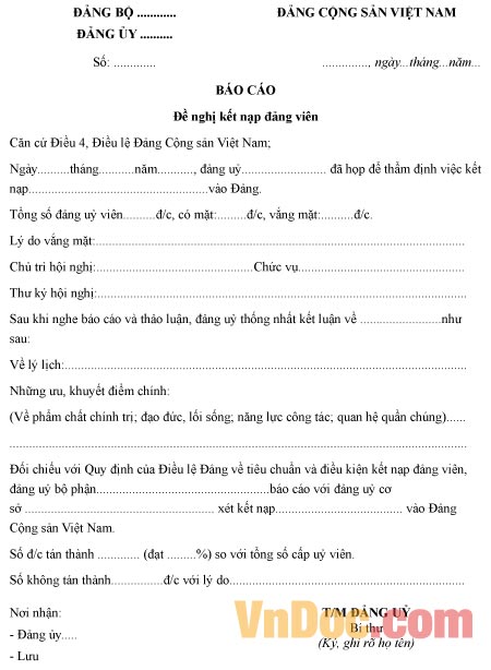 Mẫu báo cáo đề nghị kết nạp Đảng viên