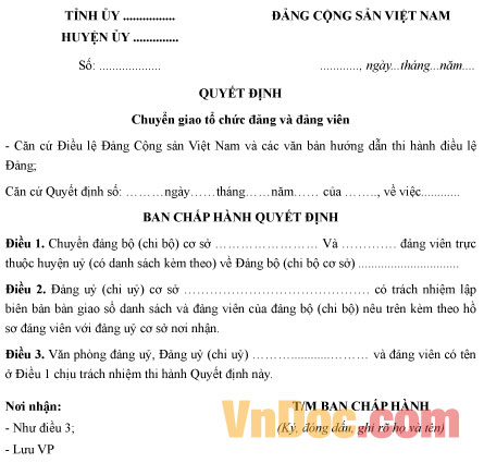 Mẫu 7-SHĐ: Quyết định chuyển giao tổ chức Đảng và Đảng viên