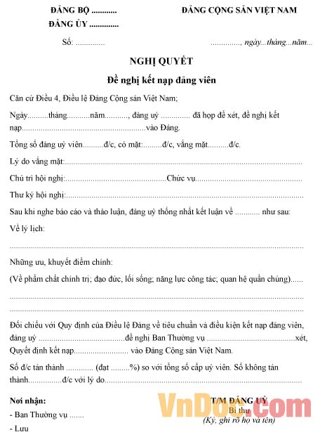 Mẫu nghị quyết đề nghị kết nạp Đảng viên
