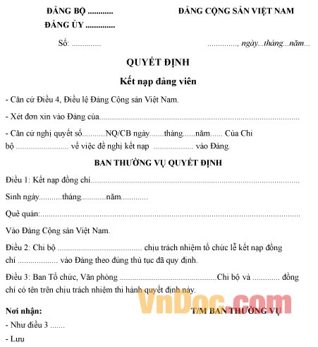 Mẫu quyết định kết nạp Đảng viên