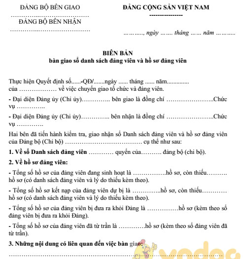 Biên bản bàn giao sổ danh sách Đảng viên và hồ sơ Đảng viên