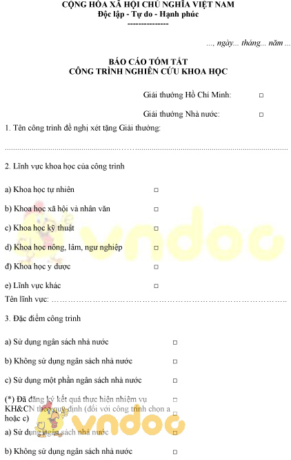 Mẫu bản báo cáo tóm tắt công trình nghiên cứu khoa học