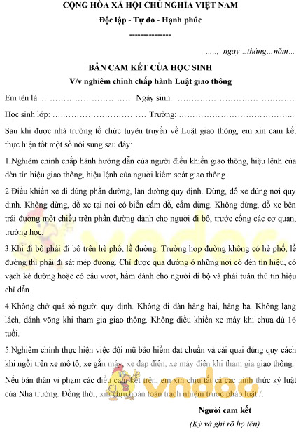 Mẫu bản cam kết của học sinh về việc nghiêm chỉnh chấp hành Luật giao thông