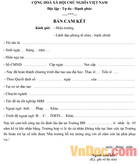 Mẫu bản cam kết làm việc dài hạn sau đào tạo